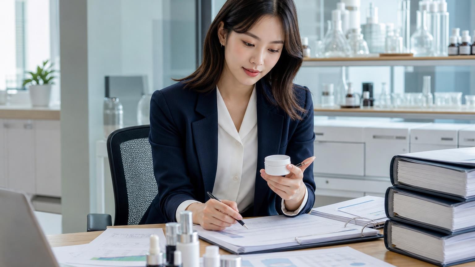 화장품 정기보고 자료와 원료목록을 검토하는 사무실 장면
