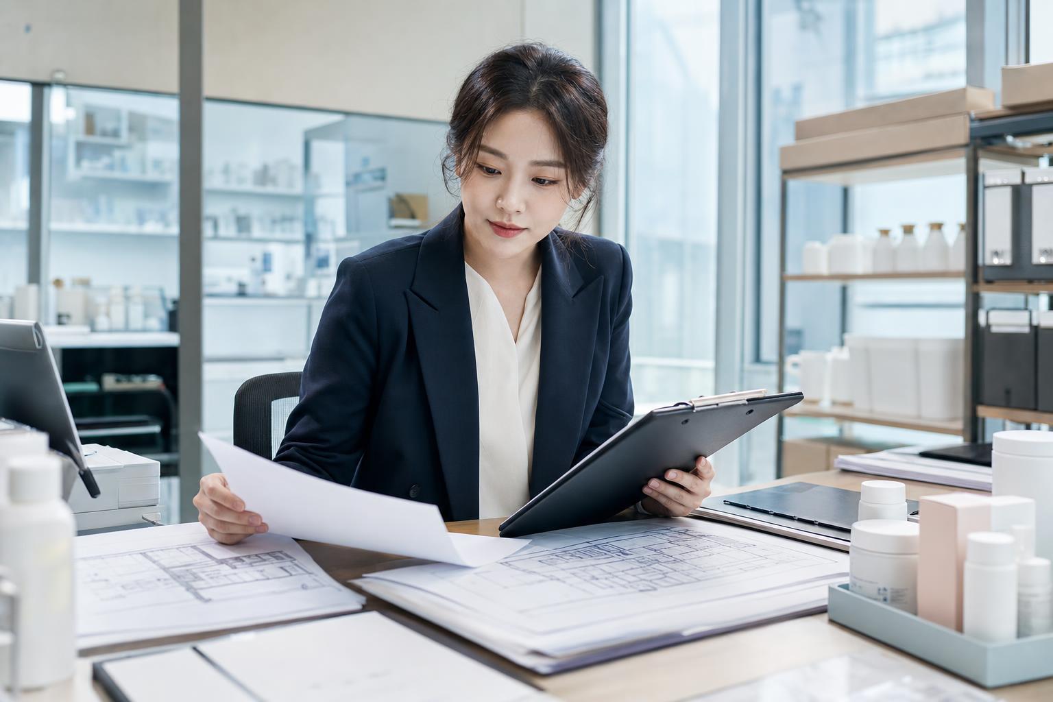 의약외품 영업신고 시설자료를 검토하는 행정 실무자