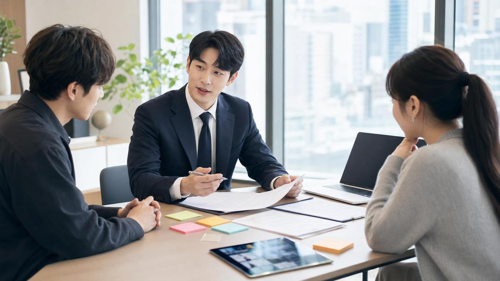 콘텐츠 저작권 양도계약을 검토하는 한국 전문가와 창작자 상담 장면