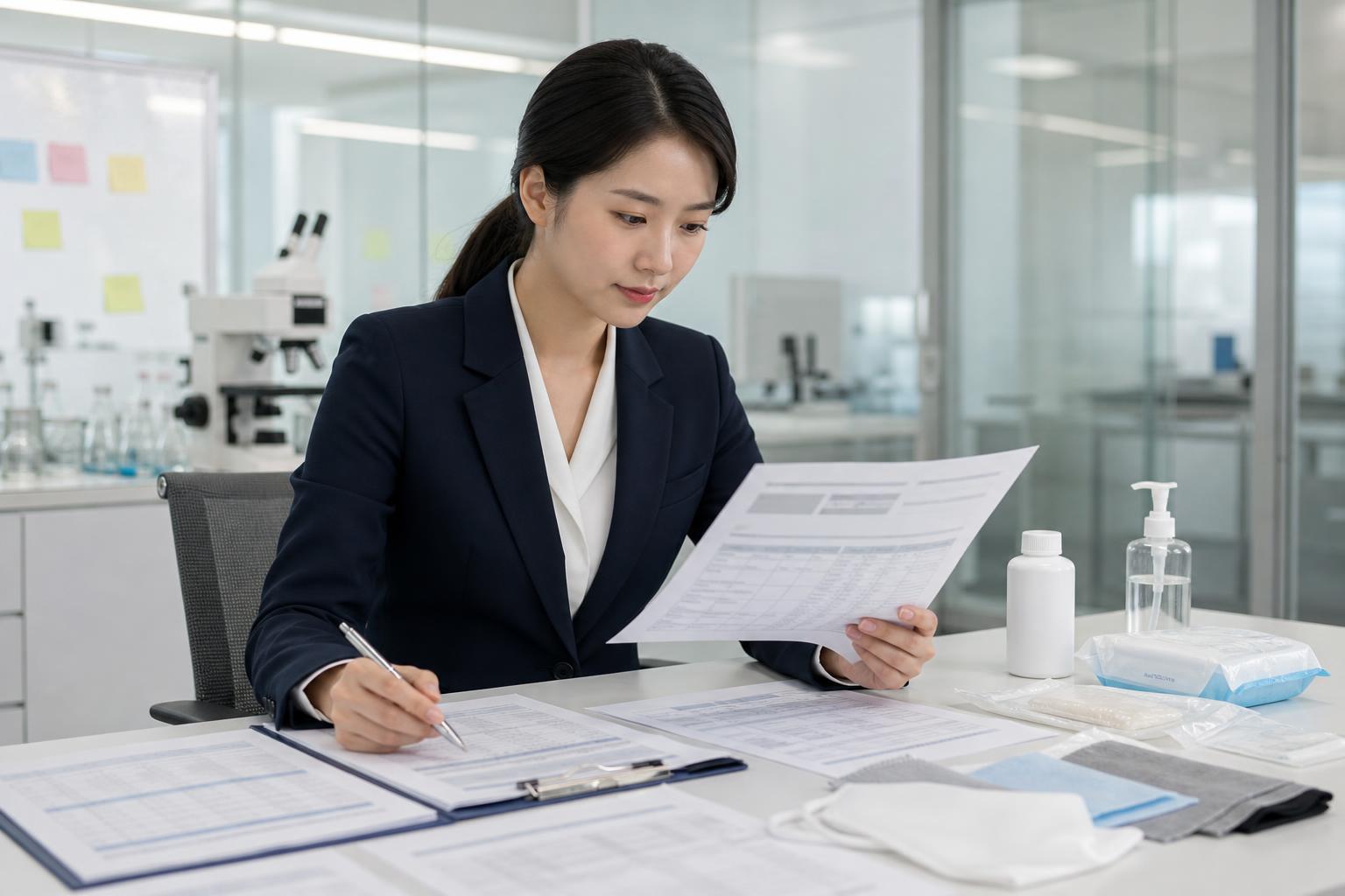 의약외품 기준 및 시험방법 각조 자료를 검토하는 규제 실무자