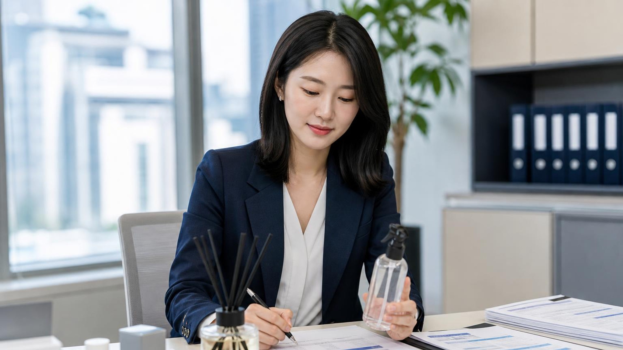 생활화학제품 OEM 신고 서류와 방향제 시료를 검토하는 행정 실무 상담 장면