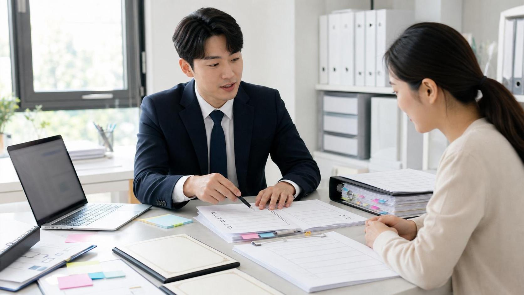 민간자격 등록 서류와 운영규정을 검토하는 교육사업 상담 장면