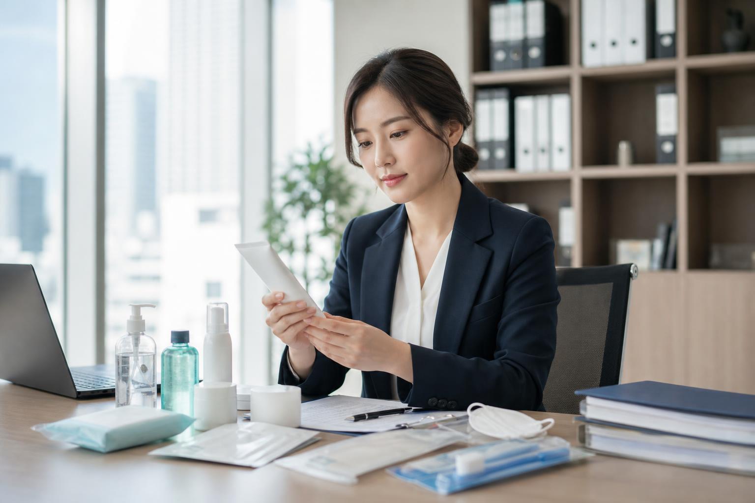 의약외품 분류 서류와 제품 샘플을 검토하는 규제 상담 장면