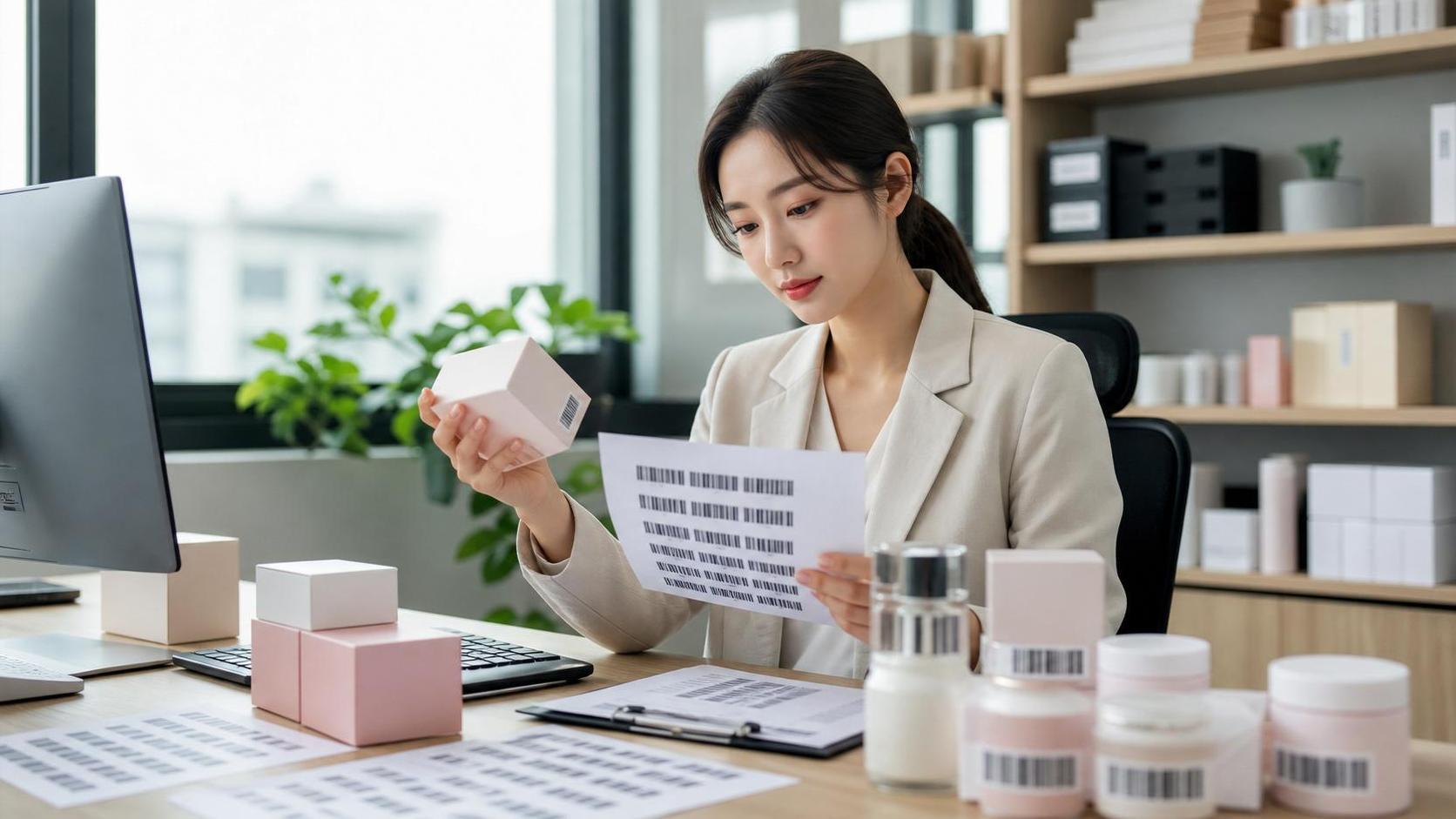 화장품 포장 샘플과 바코드 표시 자료를 검토하는 행정 실무자