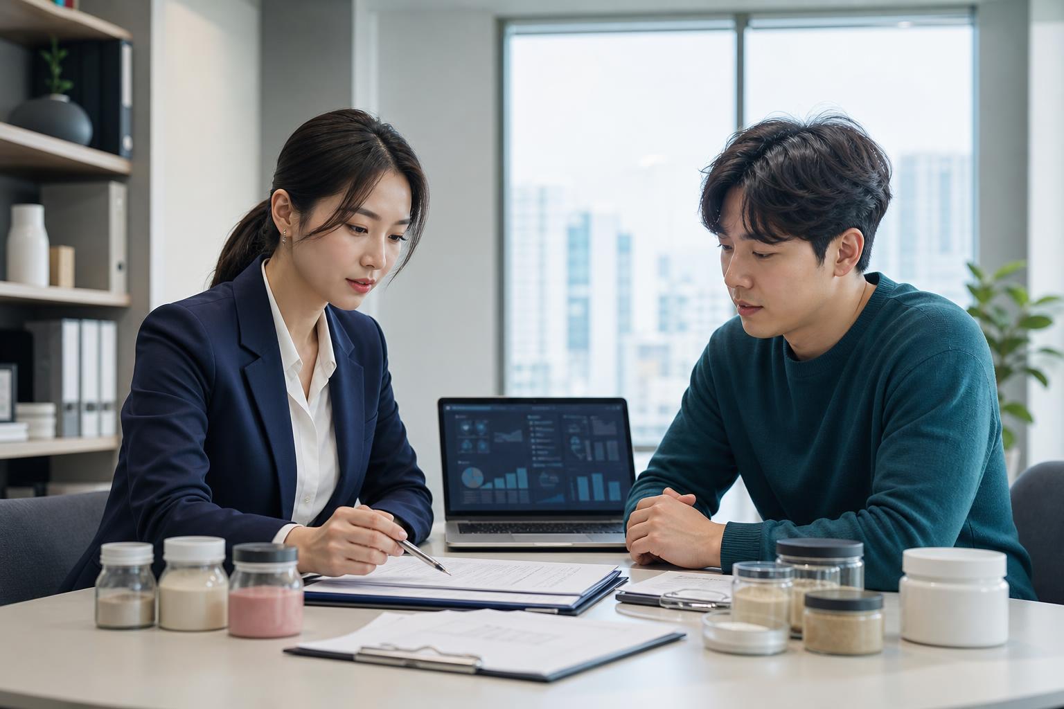 보조사료 OEM 판매원의 공공조달 서류와 제품 샘플을 검토하는 행정 실무자