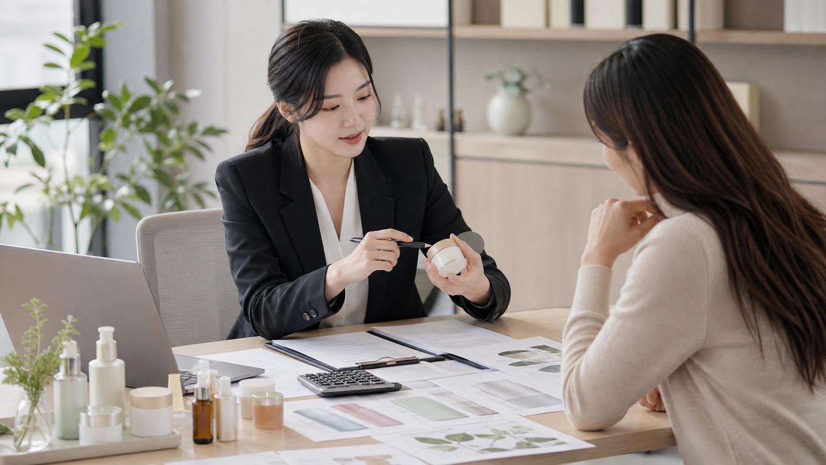 화장품 샘플과 원료 서류를 놓고 천연 유기농 표시 기준을 검토하는 행정 실무자