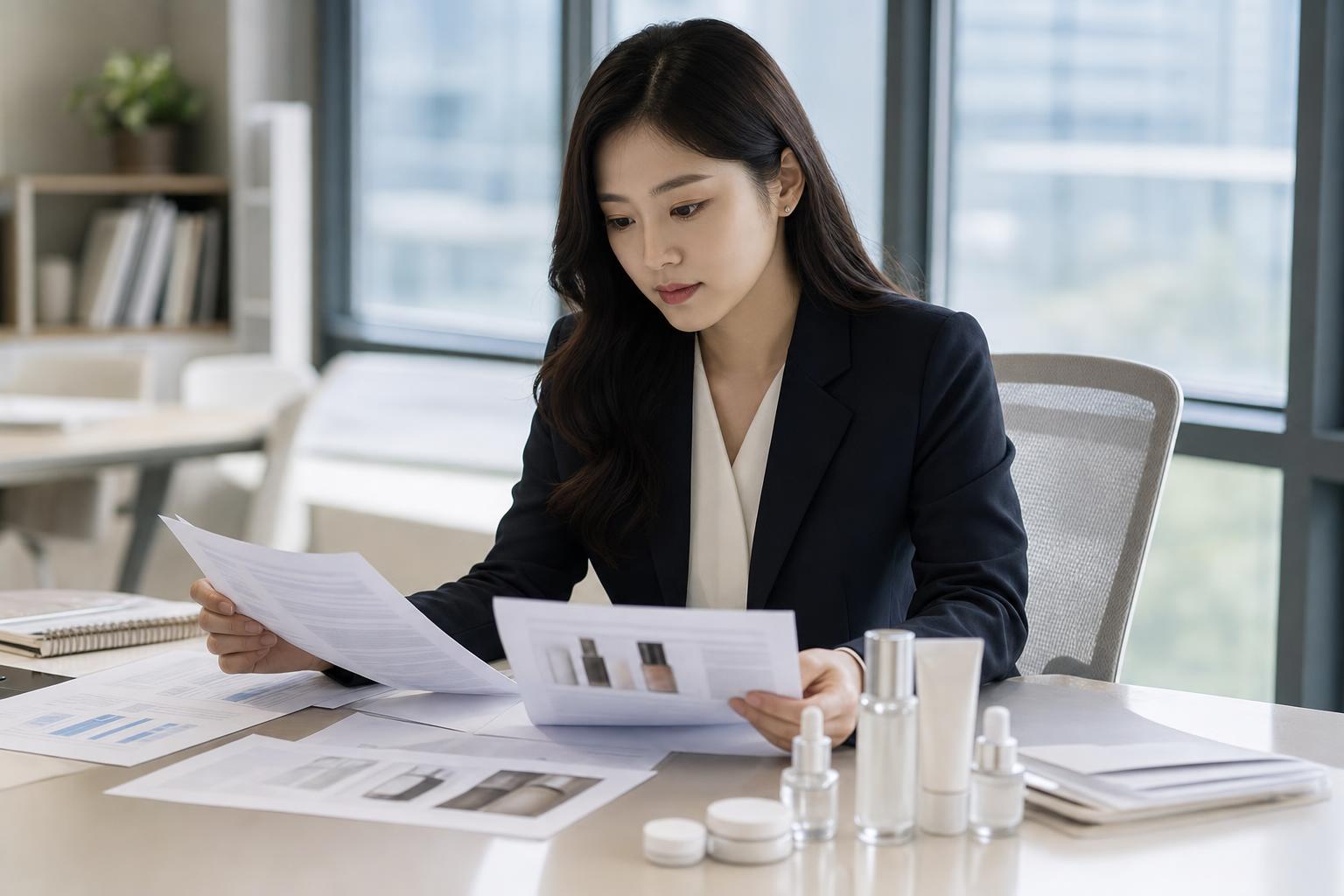 화장품 광고 시안과 시험보고서를 함께 검토하는 행정 실무자
