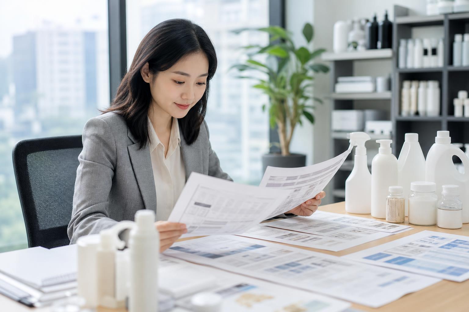 생활화학제품 라벨과 향료 성분자료를 함께 검토하는 행정 실무자
