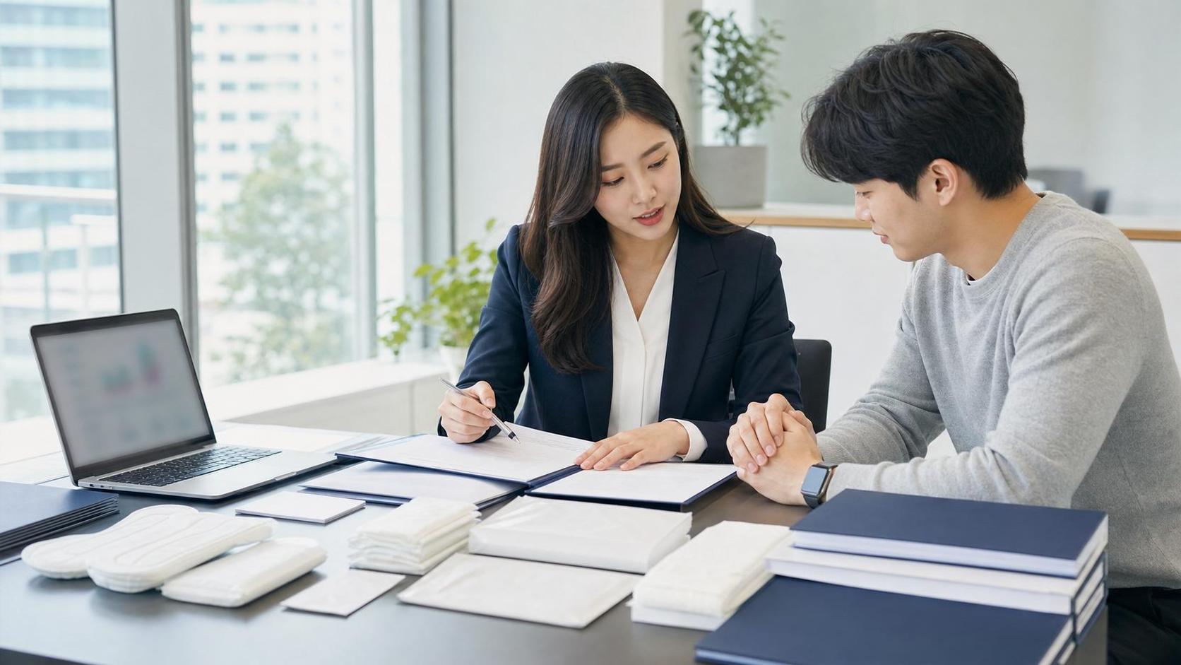 생리대 품목신고 서류와 제품 샘플을 함께 검토하는 행정 실무자