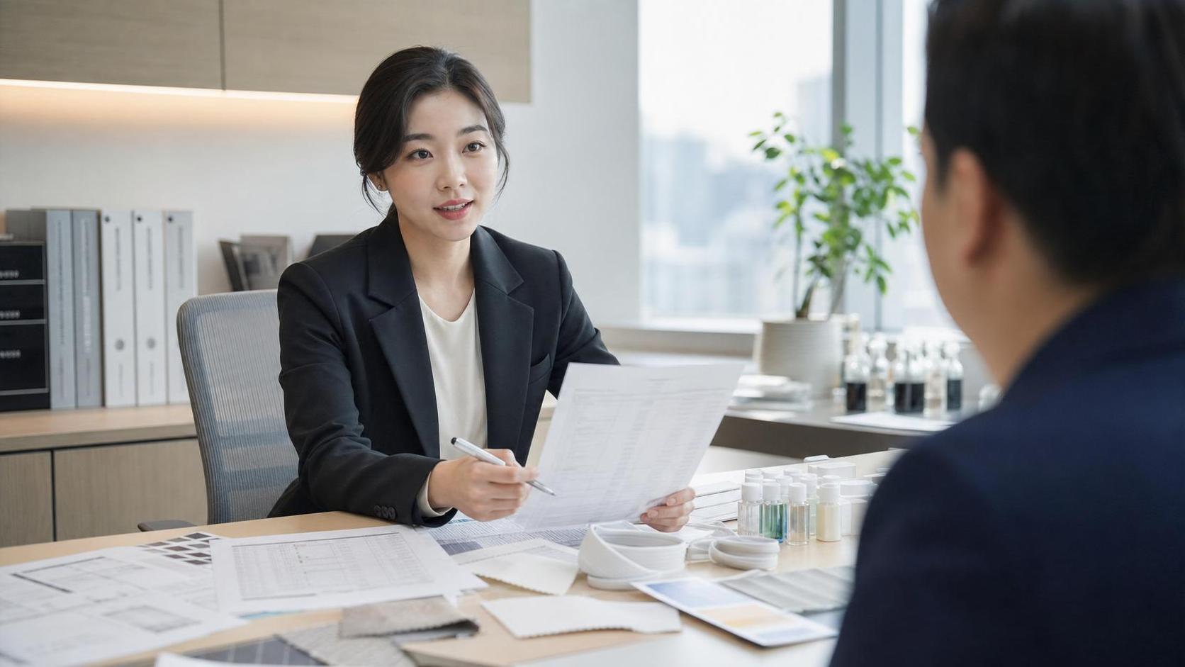 의약외품 색소 원료 자료와 제품 샘플을 검토하는 행정 실무자