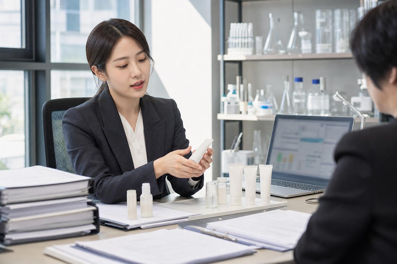 기능성화장품 심사 자료와 화장품 샘플을 검토하는 한국 실무자