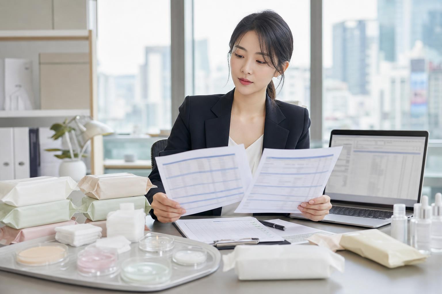 수입화장품 성분표와 제품 샘플을 검토하는 한국 실무자