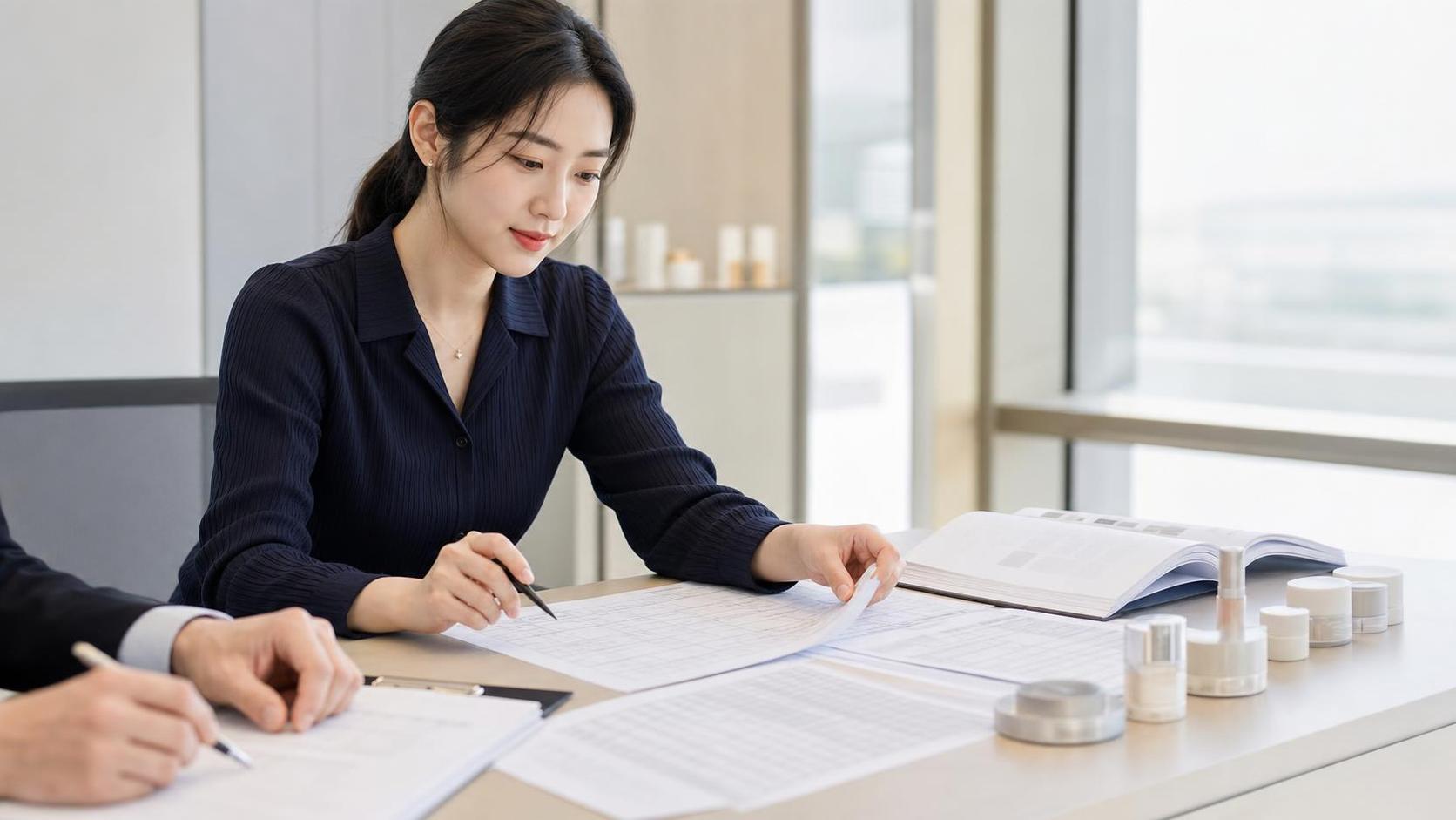 의약외품 원료규격 자료와 제품 샘플을 검토하는 한국 행정 실무자