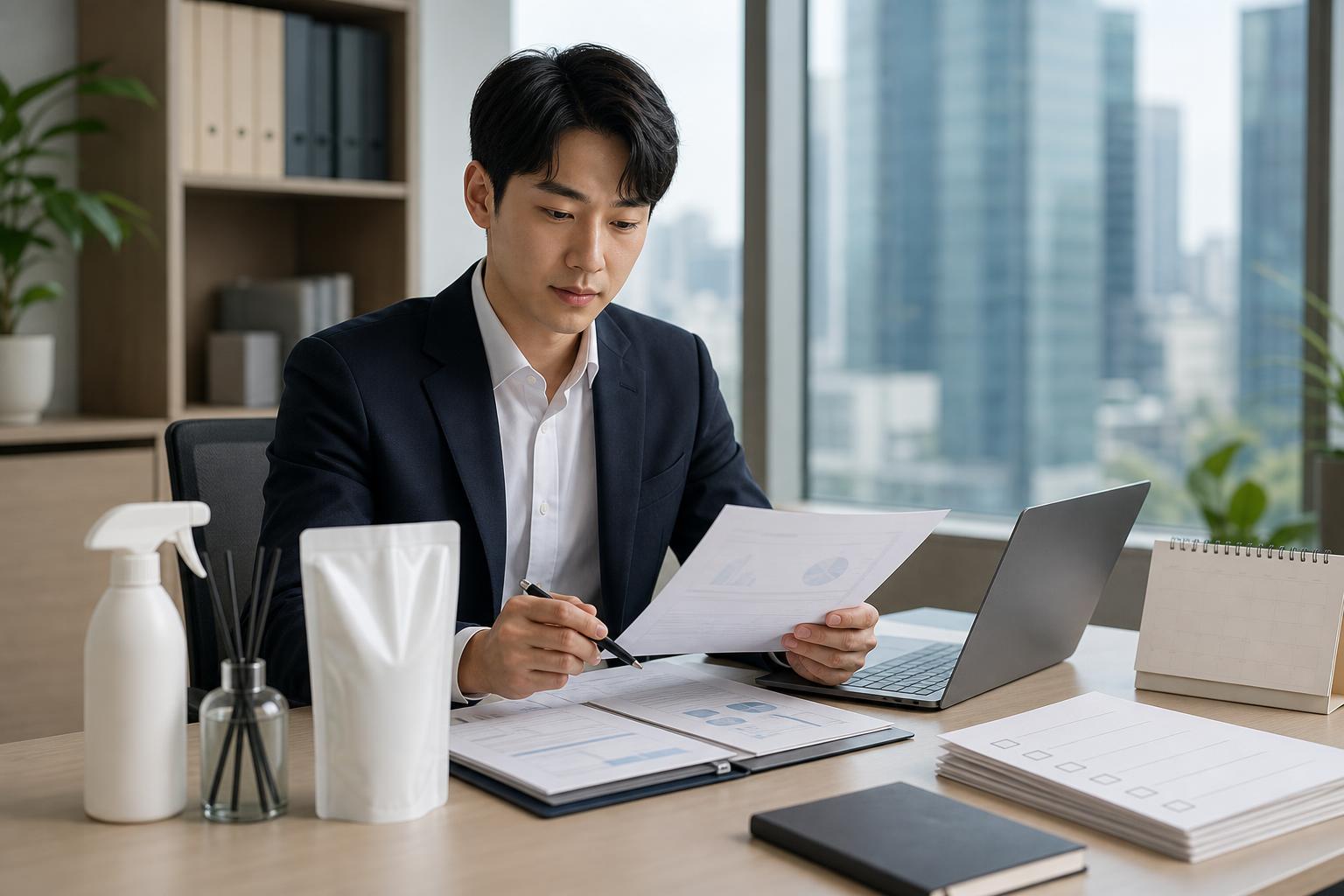 생활화학제품 신고 서류와 제품 샘플을 검토하는 한국 행정 실무자