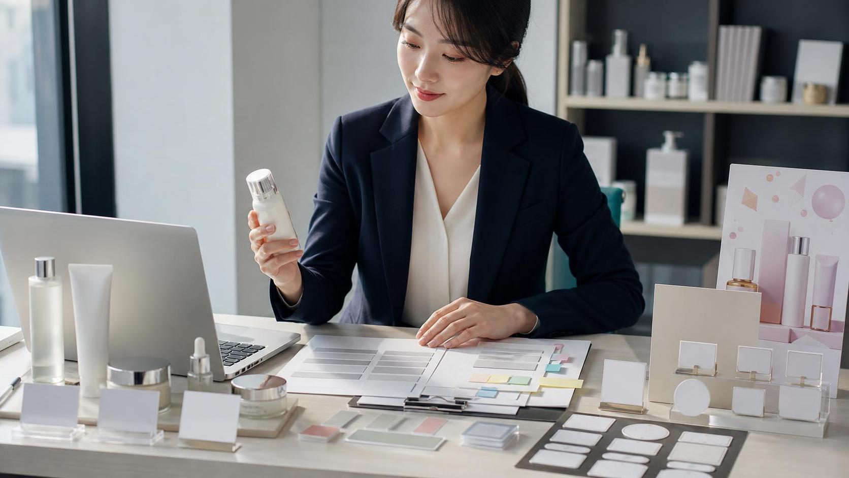 화장품 행사 가격표와 판매관리 체크리스트를 검토하는 한국 실무자