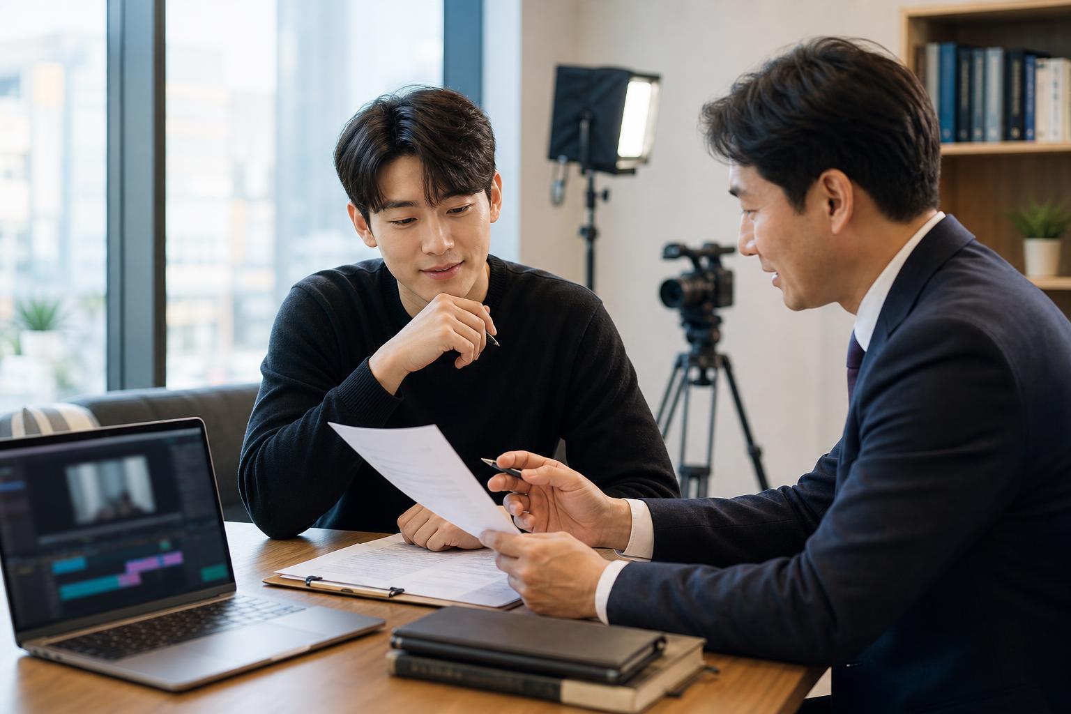 온라인 강의 VOD 계약서를 검토하는 한국 강사와 계약 실무자