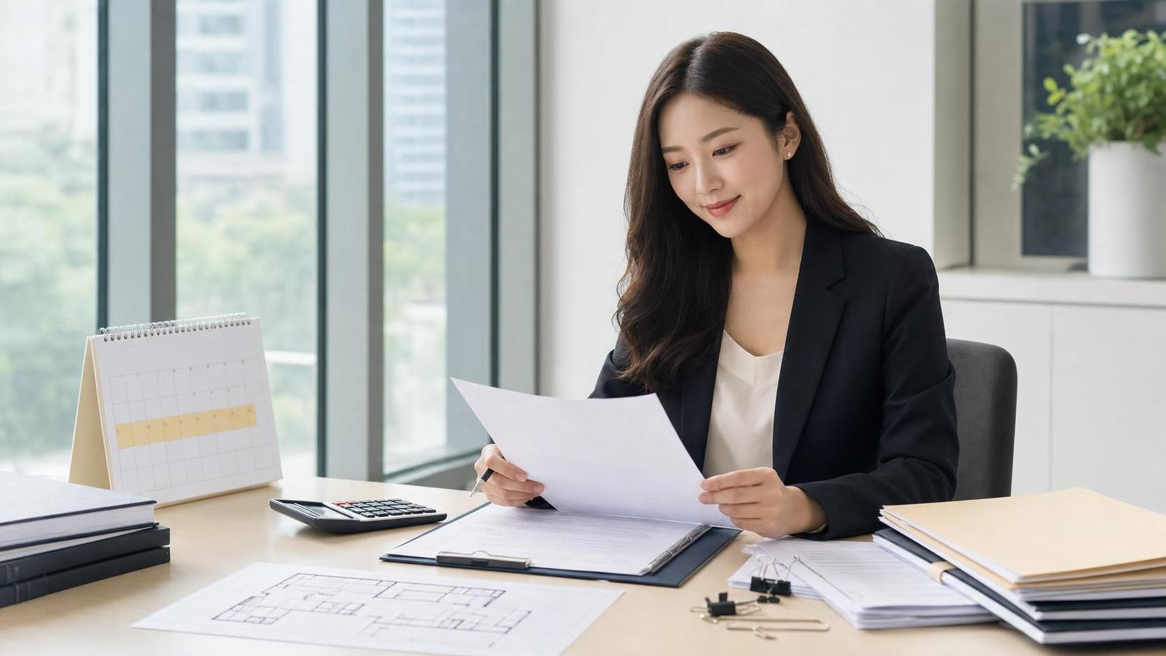 상가 임대차 계약서와 일정표를 검토하는 한국 실무자