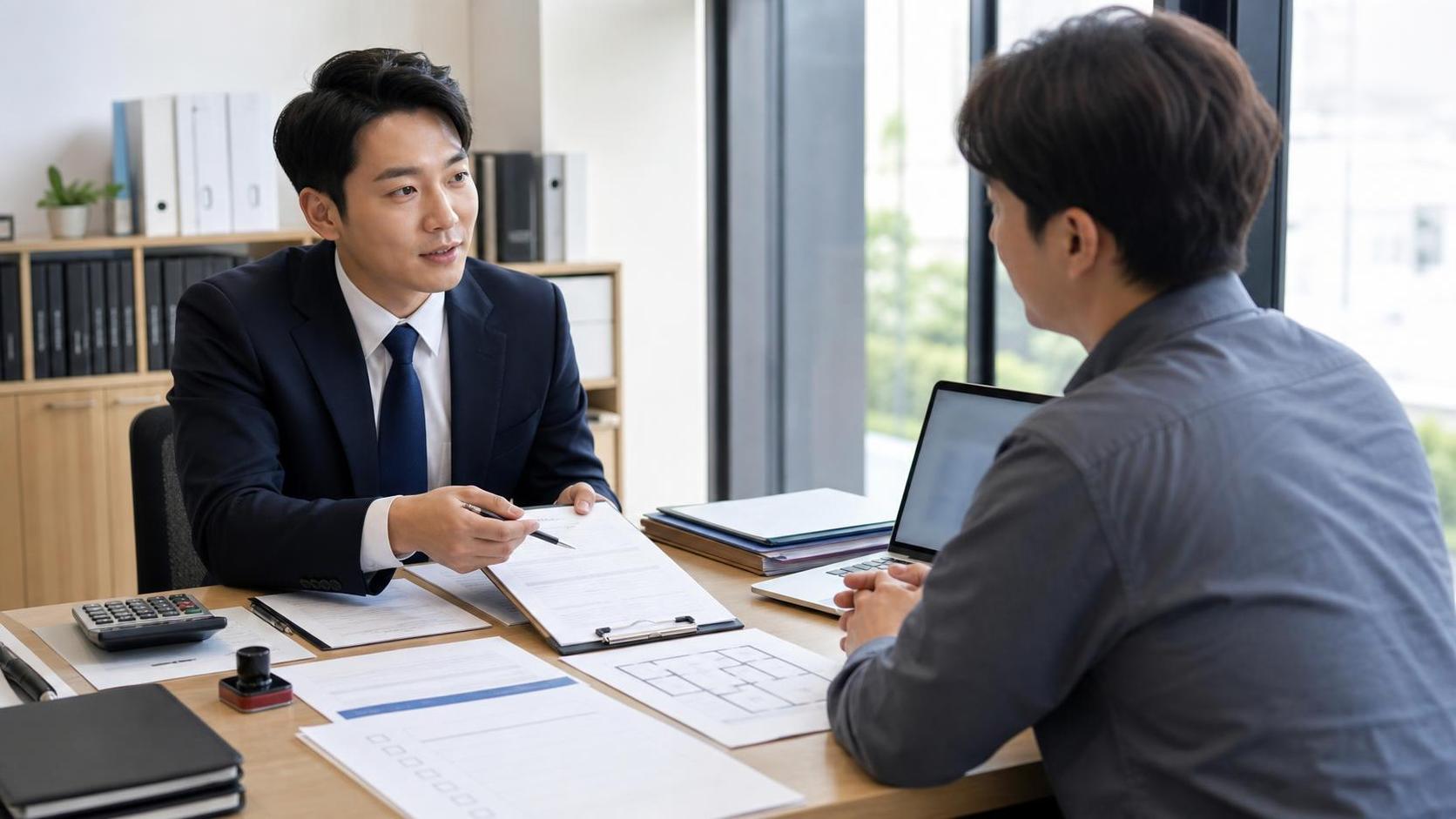 영업양도 권리금 계약서와 인허가 승계 서류를 검토하는 상담 장면