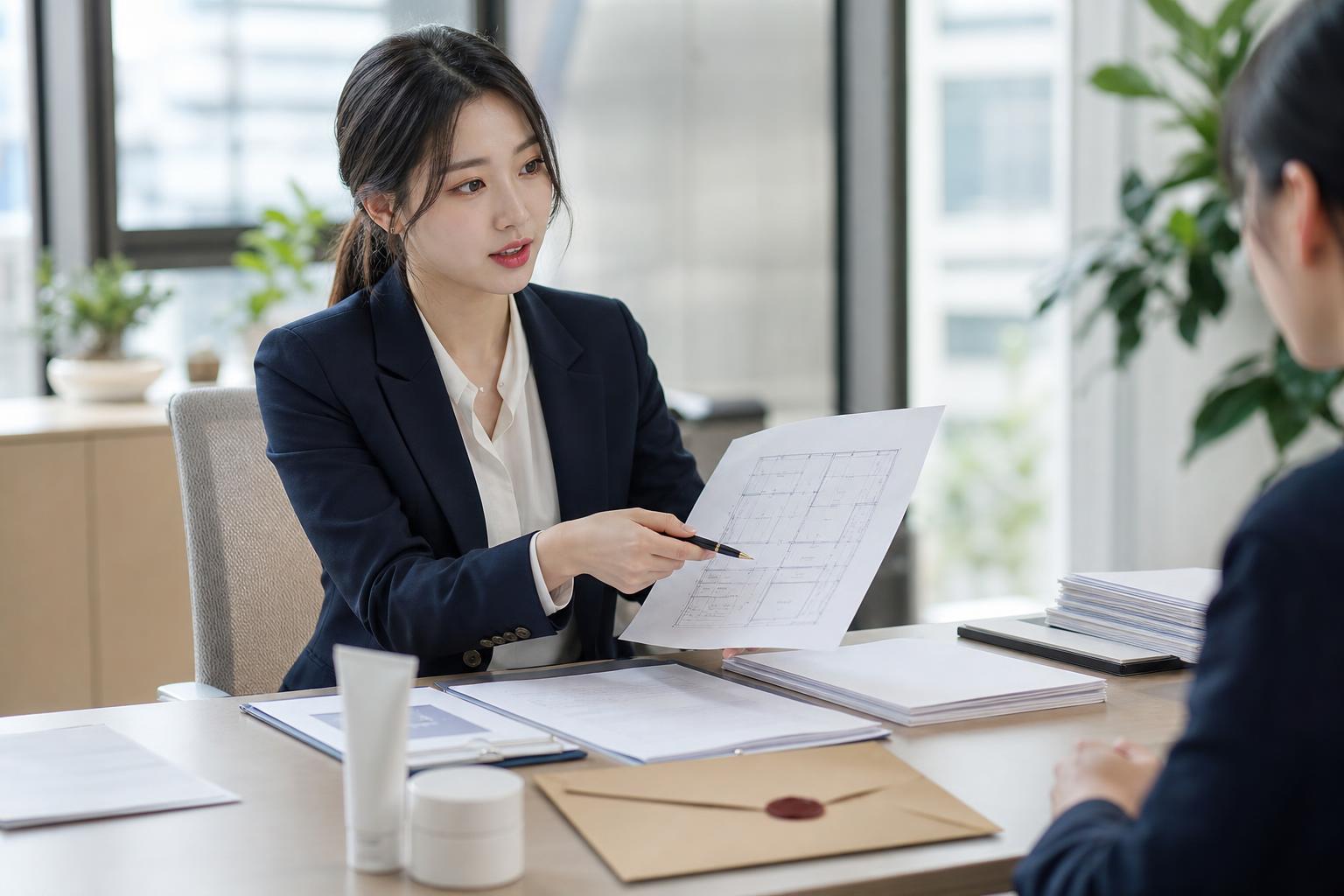 의약외품 영업신고 시설실사 체크리스트를 검토하는 한국 행정 실무자