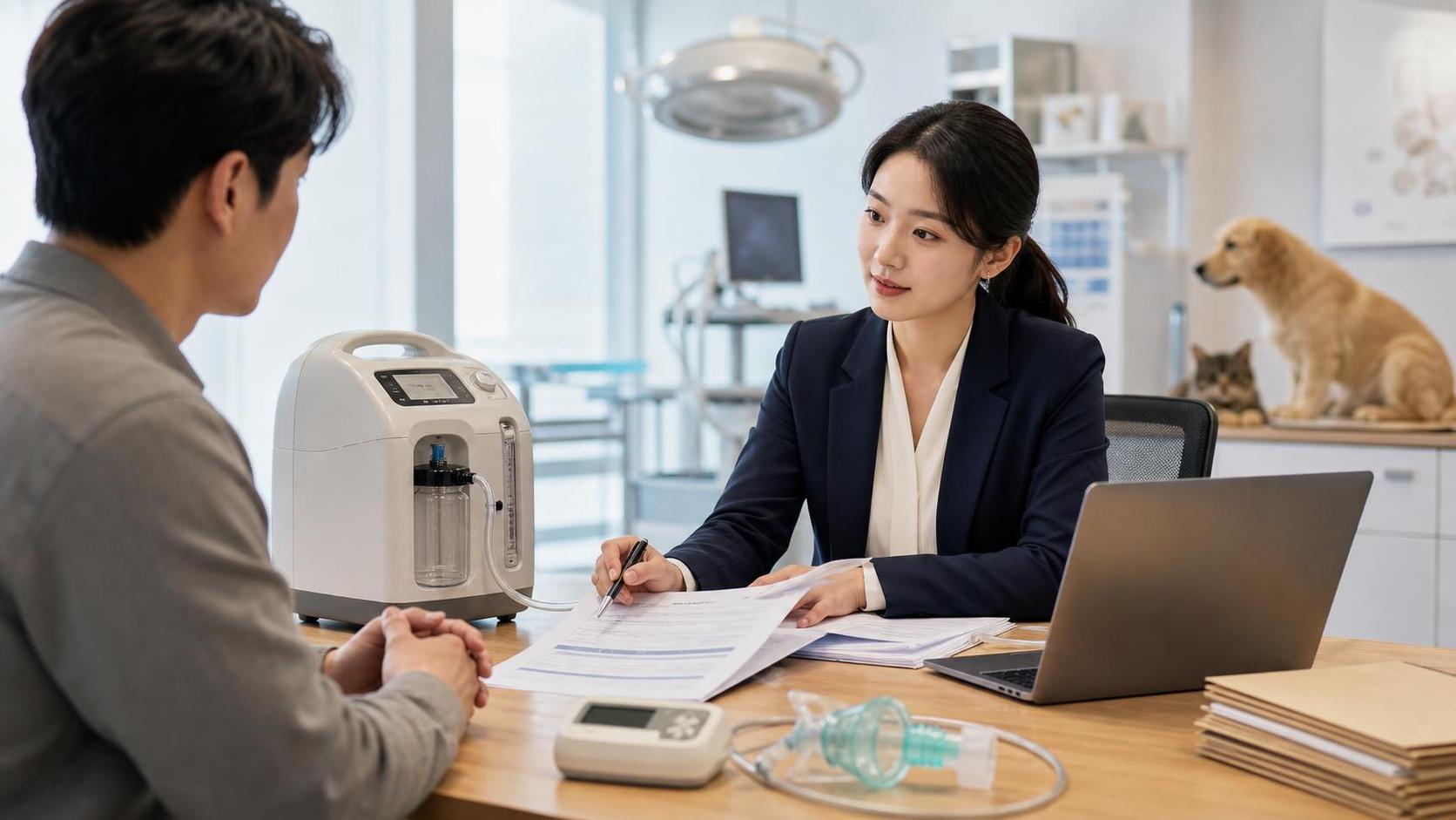 동물용의료기기 수입 허가 서류와 제품 성적서를 검토하는 상담 장면