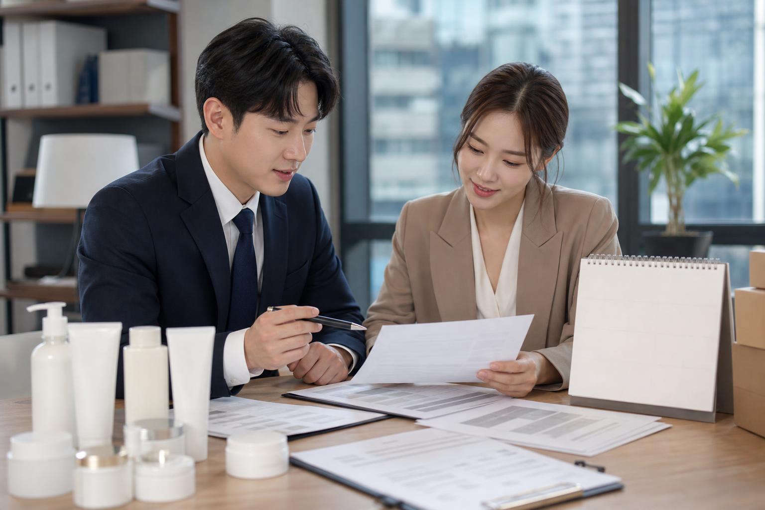수입 화장품 통관 서류와 일정표를 검토하는 한국 실무자