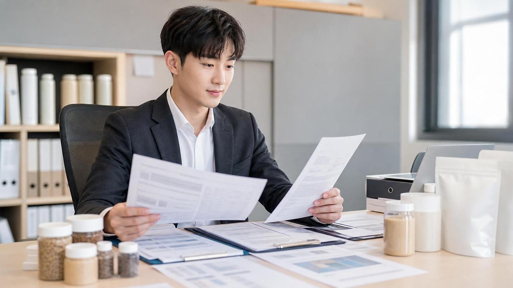보조사료 OEM 공공조달 서류를 검토하는 한국 행정 실무자