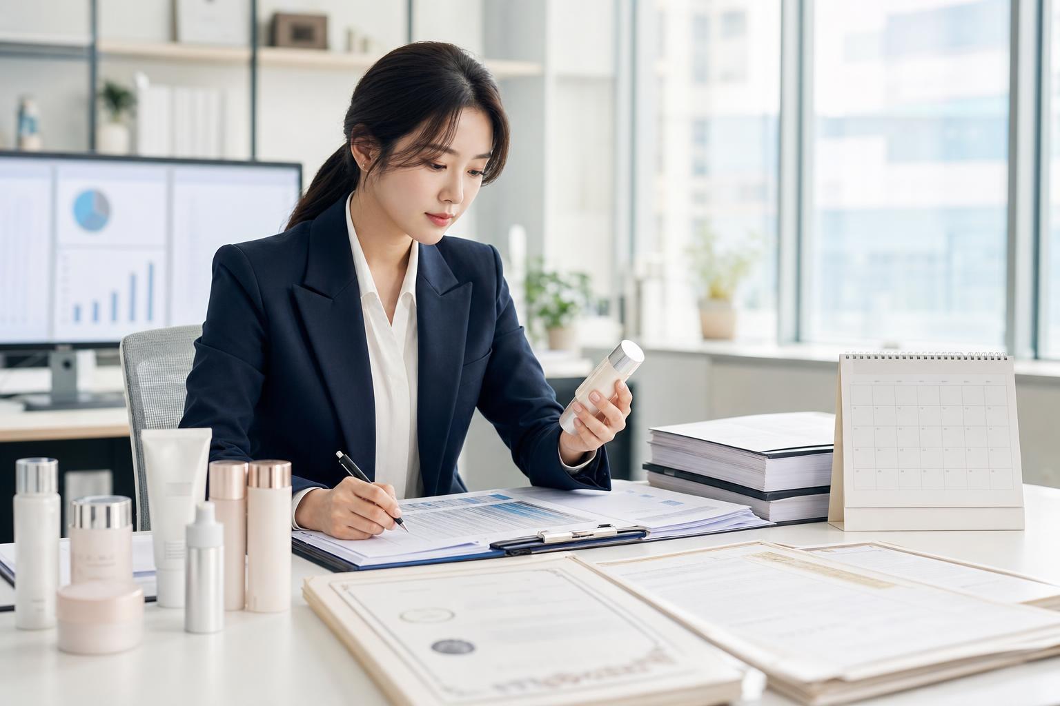 화장품 제조업 등록 서류와 제품 샘플을 검토하는 한국 실무자