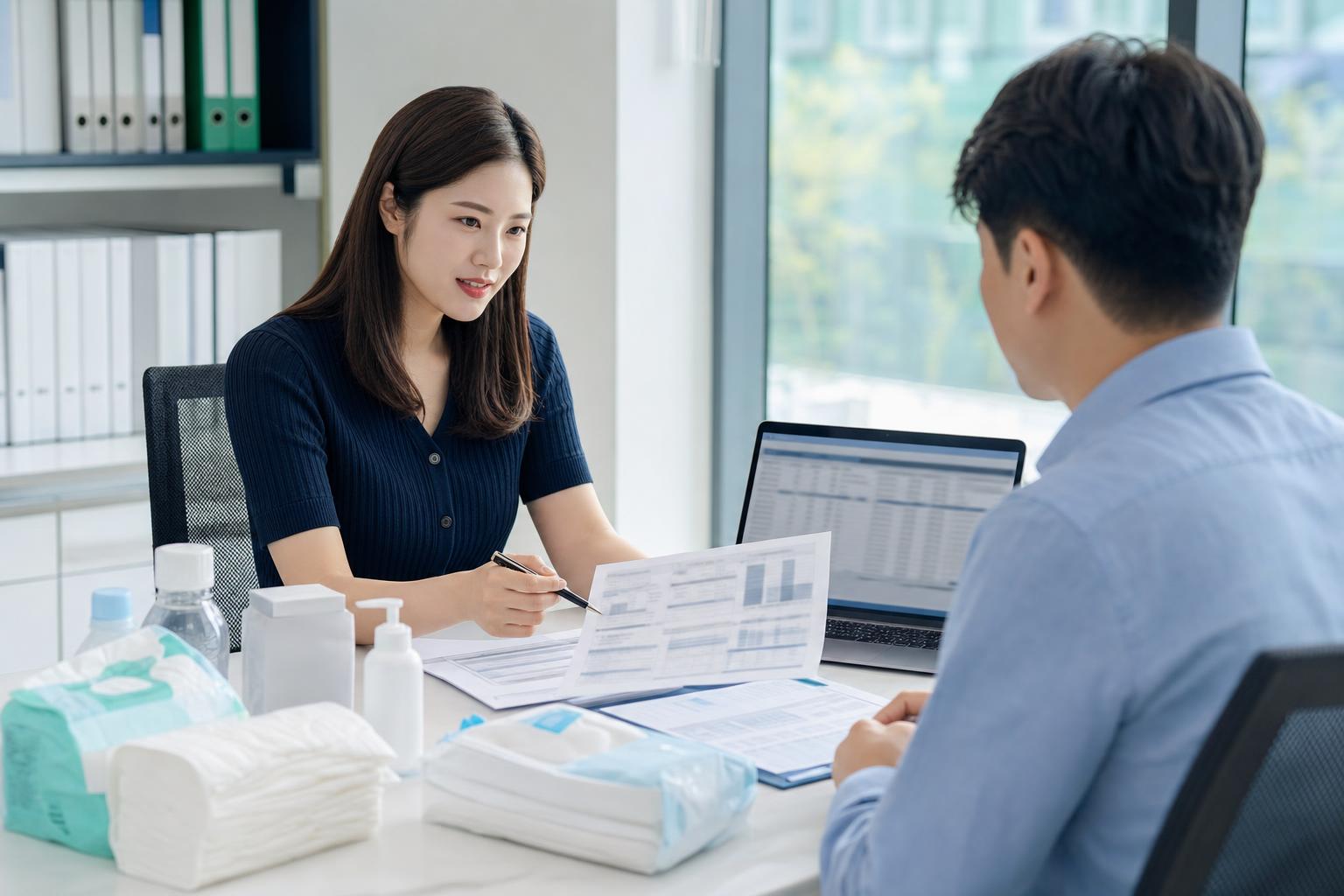 위생용품 원재료코드 표와 제품 자료를 검토하는 한국 규제 실무자