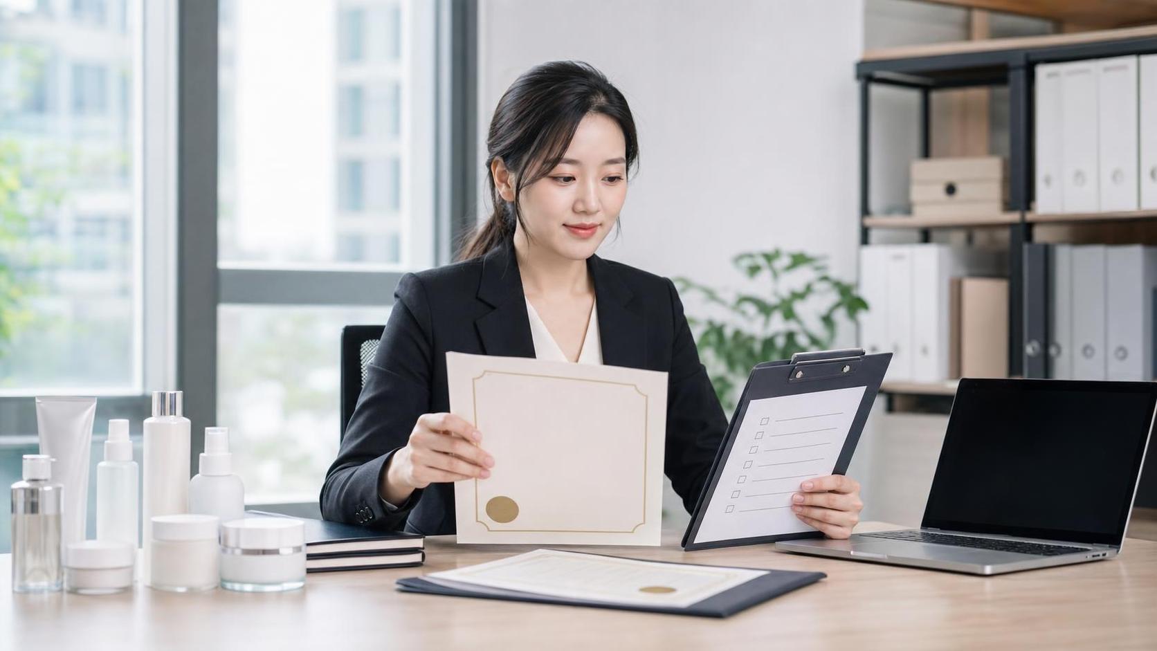 화장품 책임판매관리자 자격 서류를 검토하는 한국 규제 상담 장면