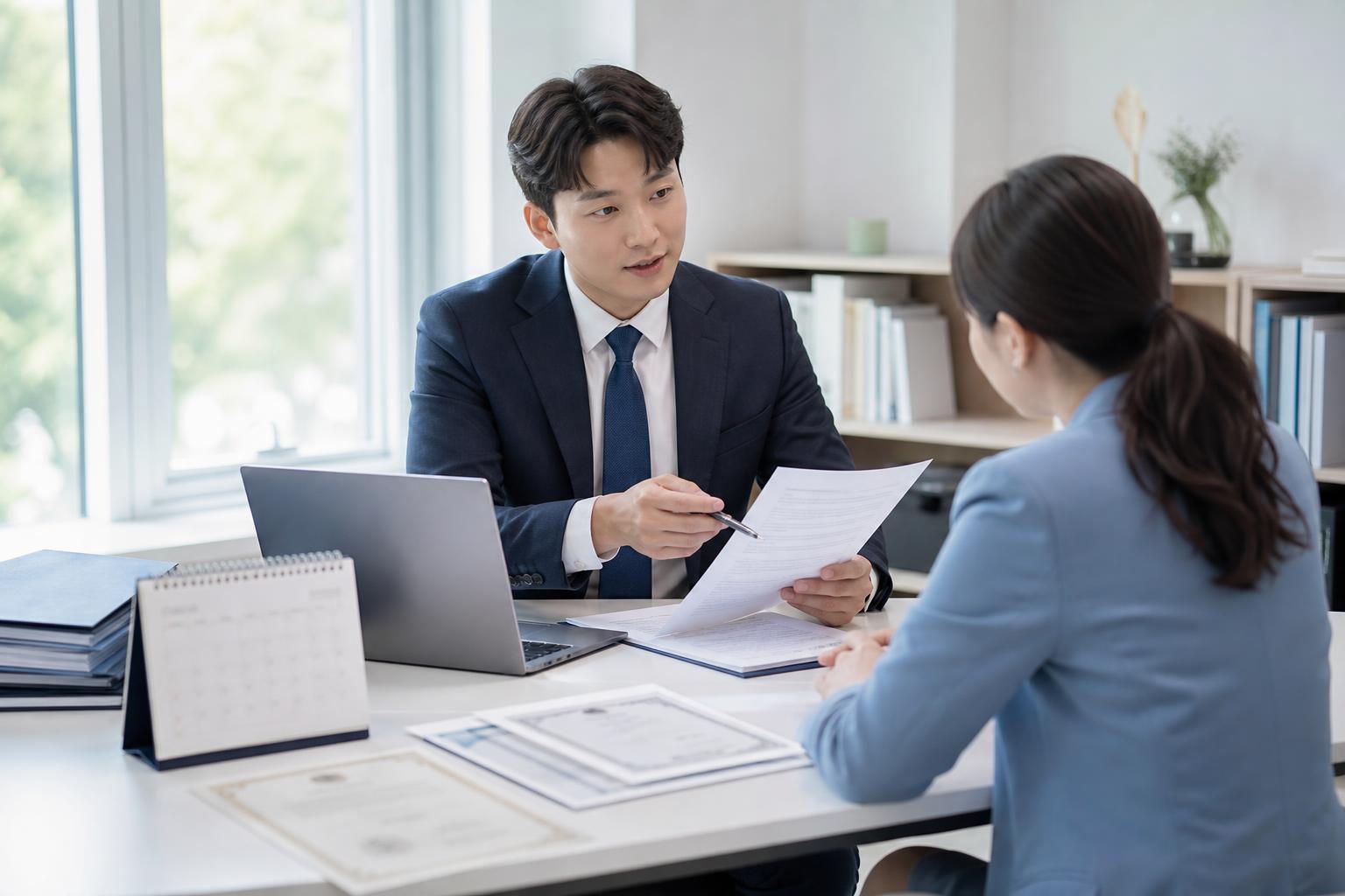 민간자격 등록 자료와 관리운영규정을 검토하는 한국 행정 실무자