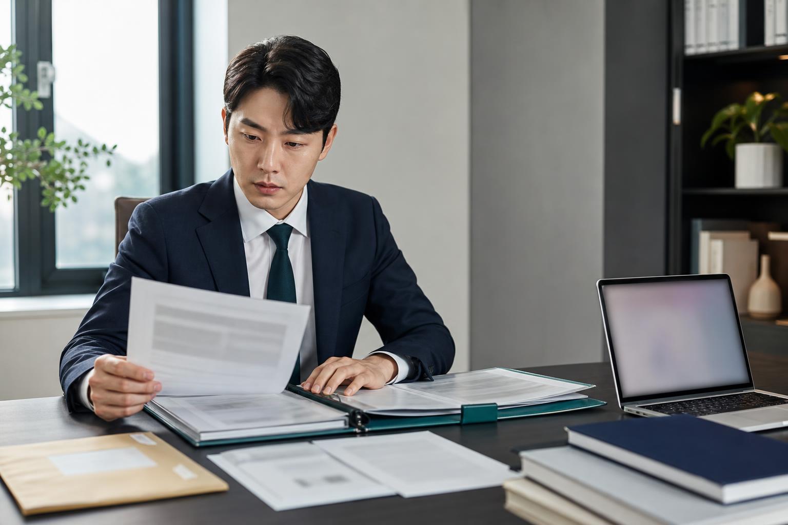 내용증명 답변 자료와 증거 편철표를 검토하는 한국 실무자
