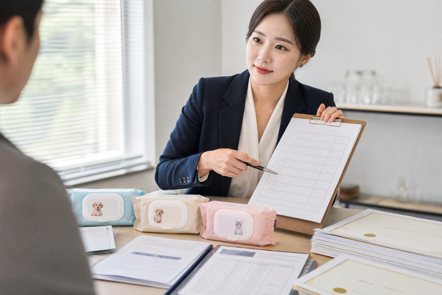동물용 물티슈 품목신고 서류와 시험성적 자료를 검토하는 한국 실무자
