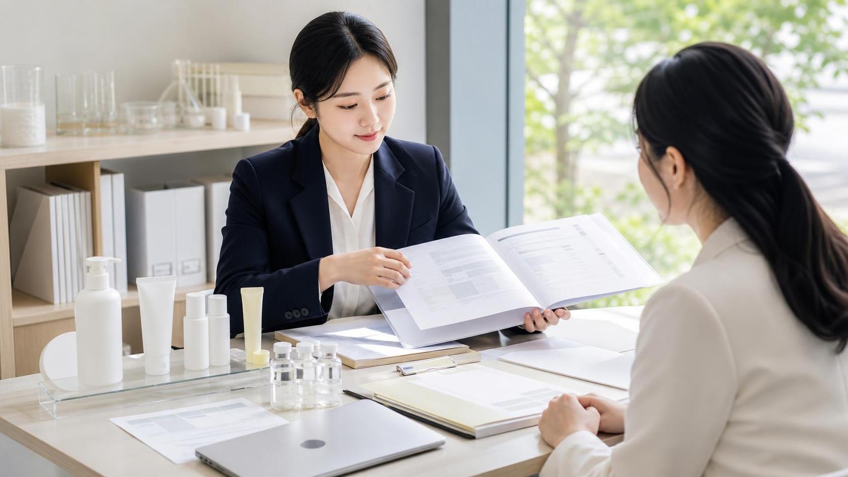 어린이 화장품 안전성 자료를 검토하는 한국 화장품 인허가 상담 장면