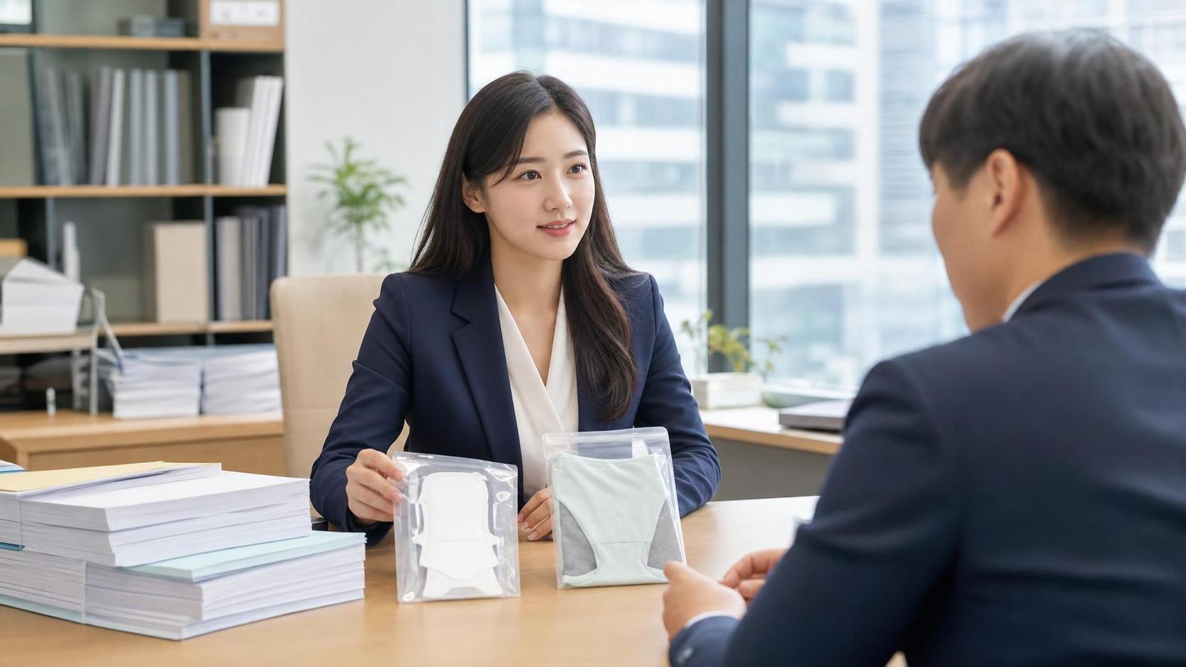 생리대 품목신고와 품목허가 서류를 점검하는 한국 행정 상담 장면