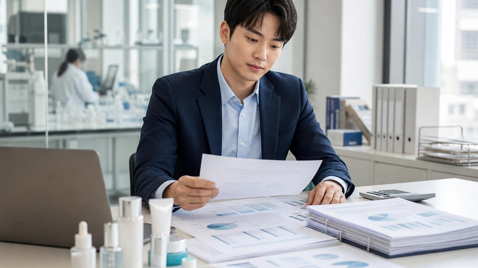 화장품 원료 사용기준 심사 자료를 검토하는 한국 인허가 전문가
