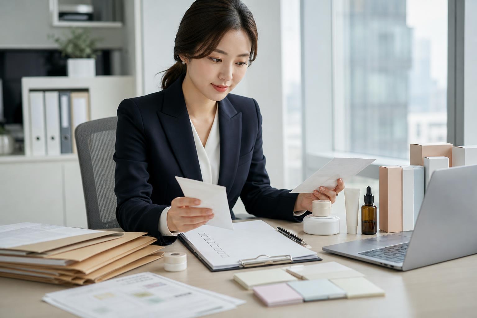 화장품 자율규약 운영 서류와 제품 샘플을 검토하는 한국 전문가