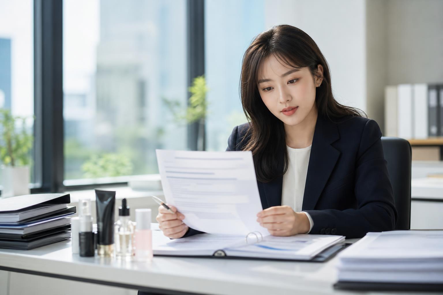 화장품 자율점검 공문과 근거서류를 검토하는 한국 인허가 전문가