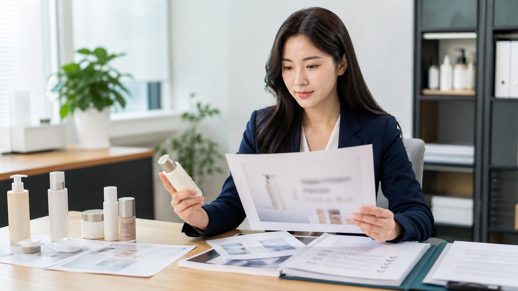 화장품 제품과 광고 시안을 함께 검토하는 규제 실무자