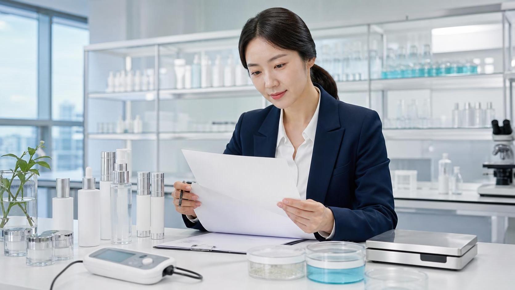 화장품 시료와 시험자료를 검토하는 품질관리 담당자