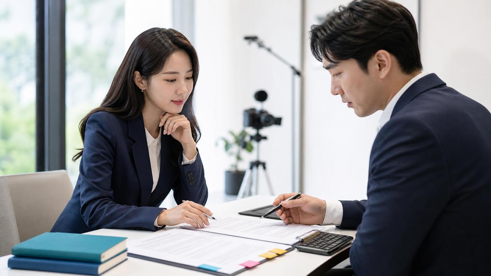 밝은 상담실에서 온라인 강의 VOD 계약서와 촬영 장비를 함께 검토하는 한국인 강사와 계약 실무자