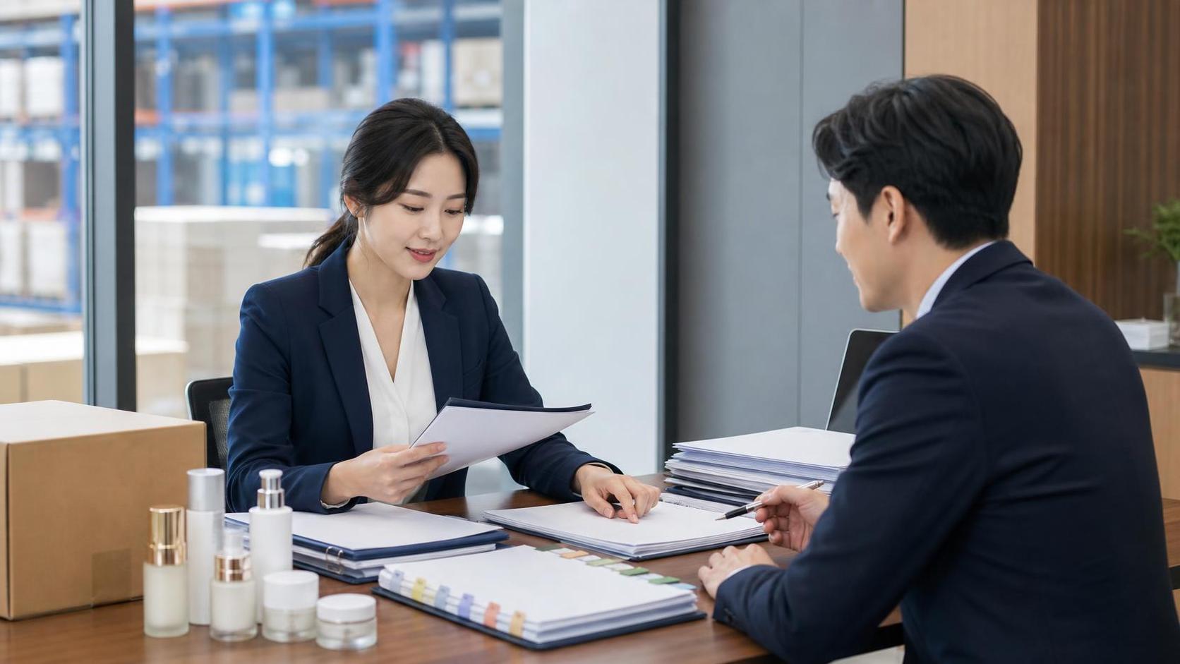 수입 화장품 통관 서류와 일정을 검토하는 한국인 규제 실무자