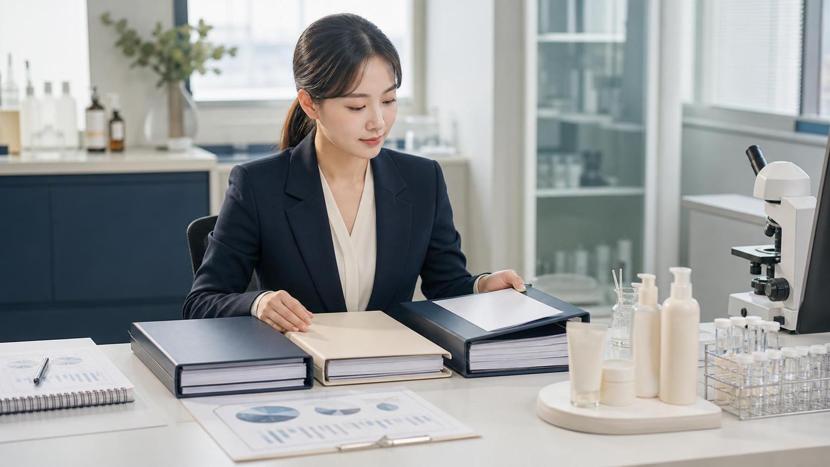 어린이용 화장품 샘플과 세 묶음의 안전성 자료를 검토하는 한국인 규제 실무자