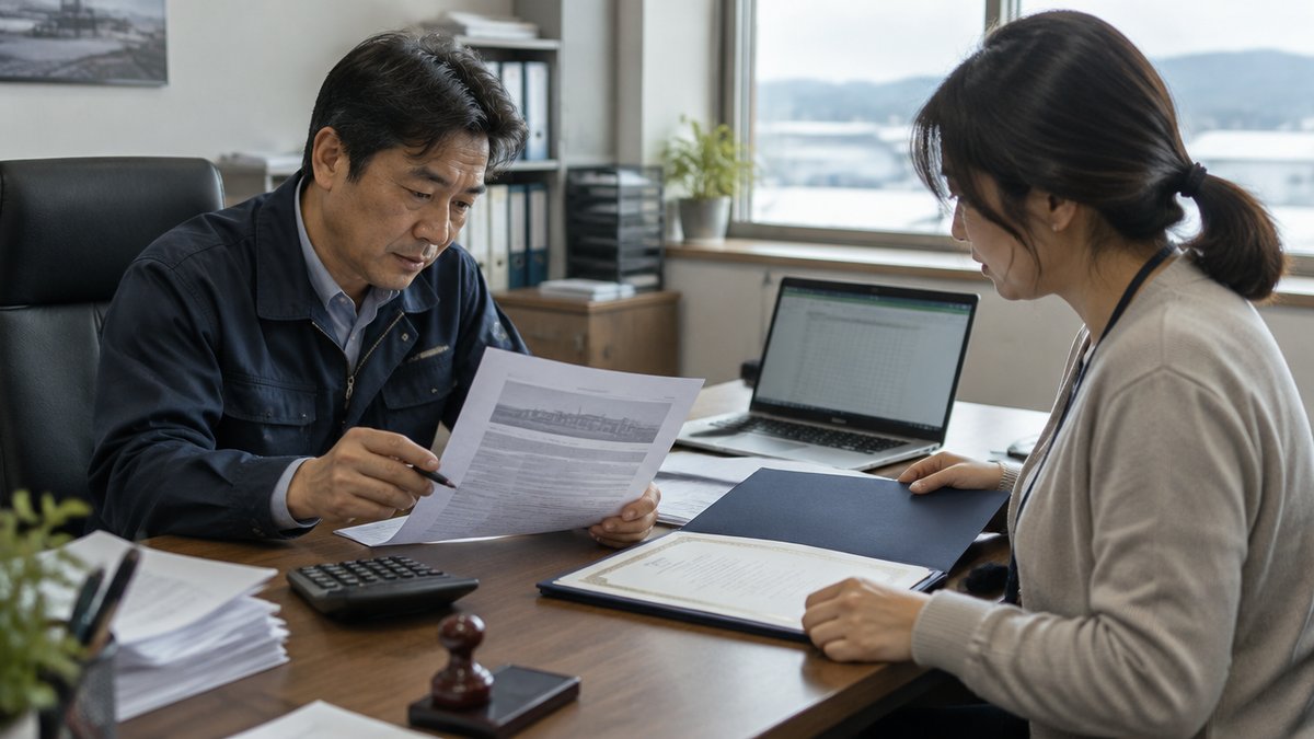 입찰보증금과 계약보증금 보증서를 검토하는 중소기업 대표와 실무자, 서류닷컴