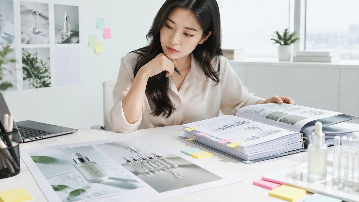 안티에이징 화장품 광고 문구와 시험 보고서를 대조하는 브랜드 담당자, 서류닷컴