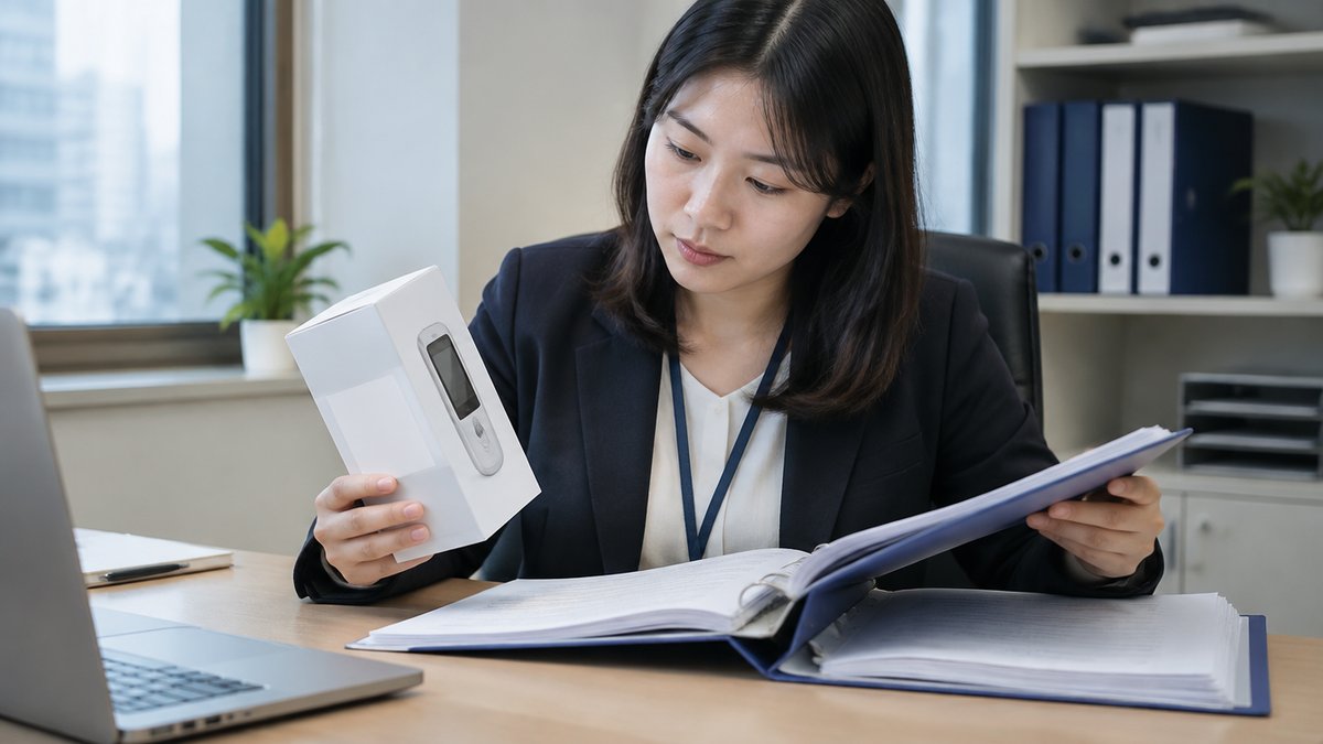 의료기기 허가증과 제품 라벨을 대조하는 수입업체 담당자, 서류닷컴