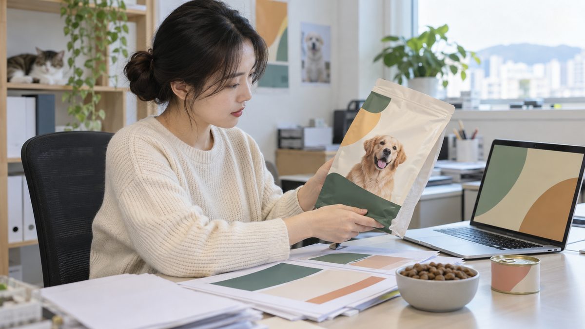 개 사료 포장 라벨 시안과 서류를 대조하는 펫푸드 업체 실무자, 서류닷컴
