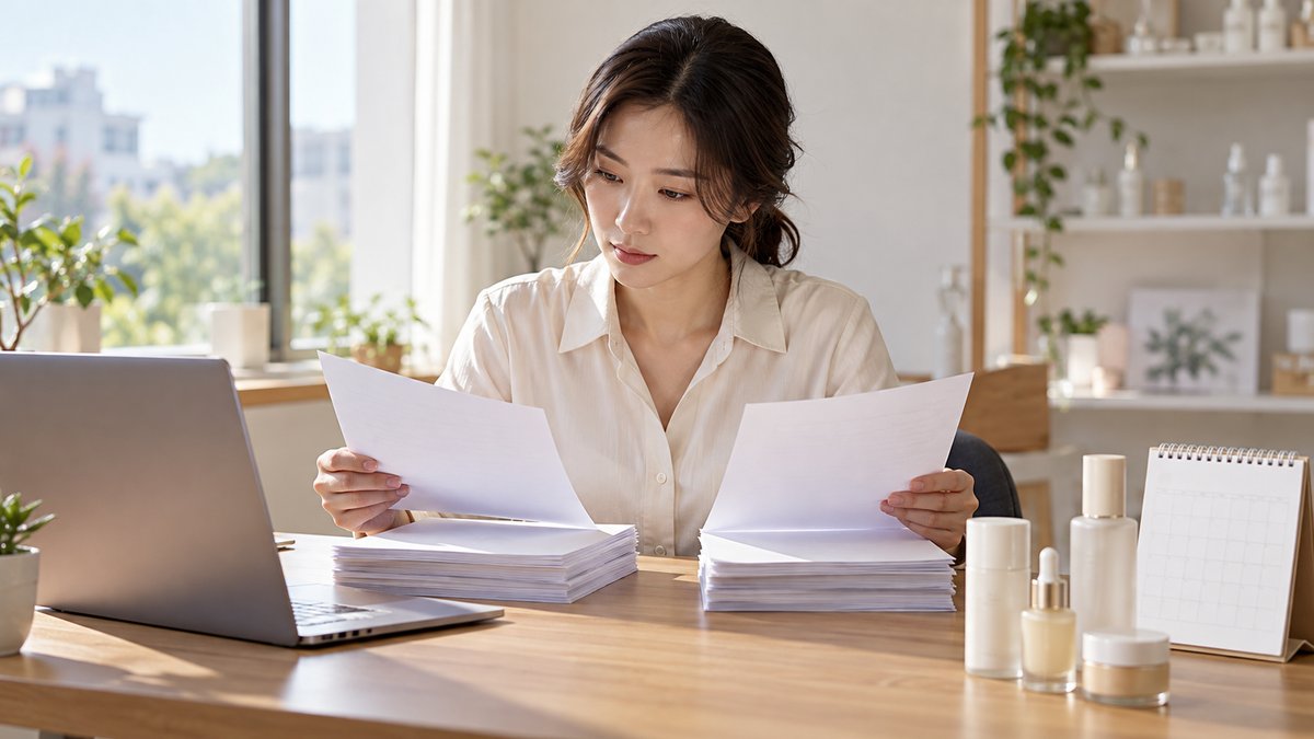 화장품책임판매업 등록 서류를 노트북 앞에서 직접 정리하는 화장품 브랜드 대표, 서류닷컴