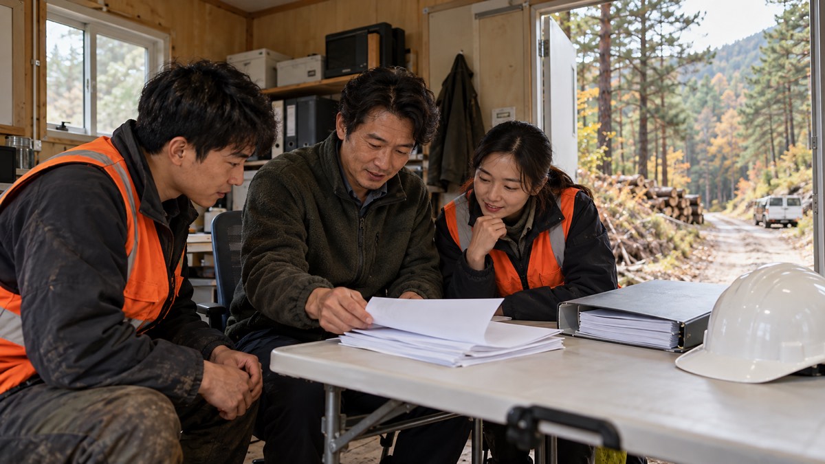 산림사업법인 현장 사무실에서 기술자 근로계약서와 인력 서류를 확인하는 실무자, 서류닷컴