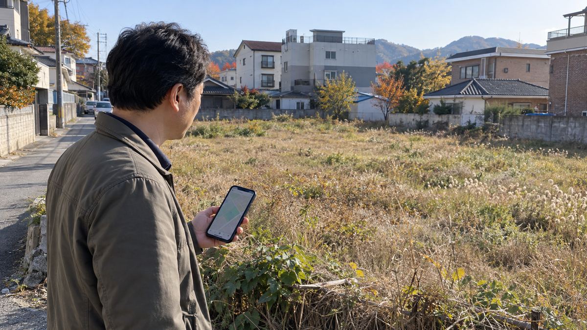 빈 땅 앞에서 휴대폰 지도로 건폐율·용적률을 조회하는 토지 매수 검토자, 서류닷컴