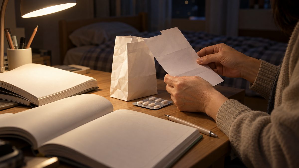 수험생 책상 위 처방전과 약 봉투를 확인하는 학부모, 프로프라놀롤 떨림 방지약, 서류닷컴